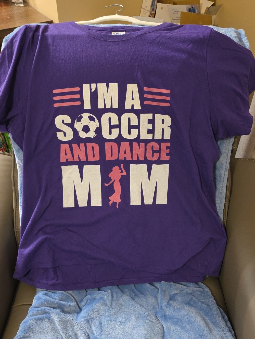 Amazon Purple 'I'm a Soccer and Dance Mom' Graphic Tee with Pink and White Print